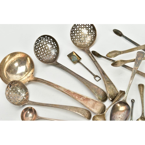 198 - A QUANTITY OF SILVER FLATWARE, to include three Georgian sugar sifters, two of Old English thread de... 