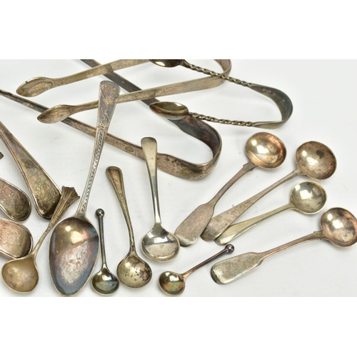 198 - A QUANTITY OF SILVER FLATWARE, to include three Georgian sugar sifters, two of Old English thread de... 