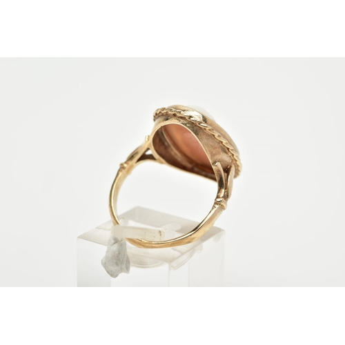 2 - 1 9CT GOLD CAMEO RING, of oval design depicting a lady in profile, within a collet mount and rope tw... 