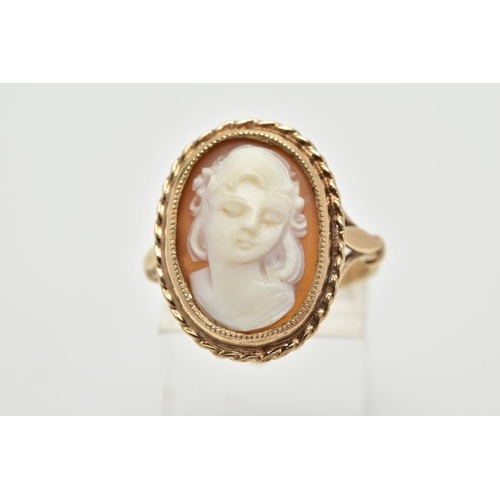 2 - 1 9CT GOLD CAMEO RING, of oval design depicting a lady in profile, within a collet mount and rope tw... 