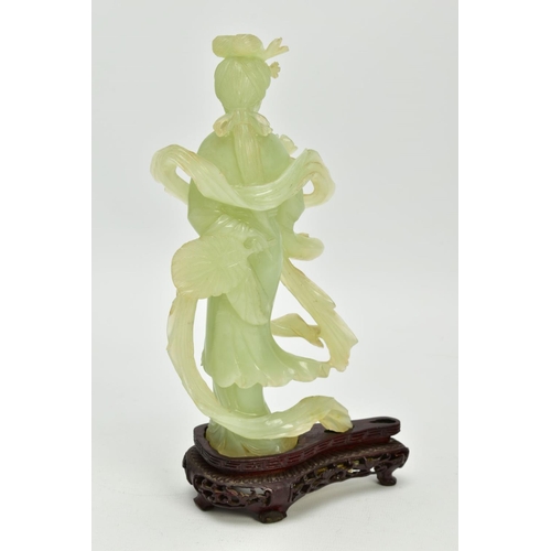 205 - THREE CARVED GREEN HARDSTONE FIGURES AND BOXES, to include a carved oriental figure of a lady, with ... 