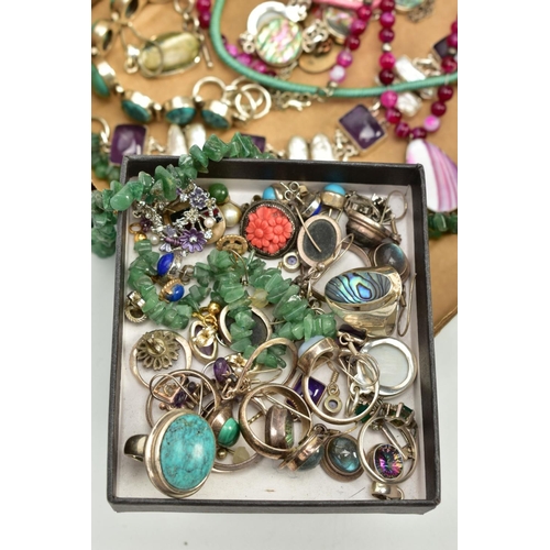 207 - A SELECTION OF SEMI-PRECIOUS GEMSTONE SET JEWELLERY, to include an openwork silver pendant, hallmark... 