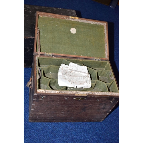 208 - A 19TH CENTURY OAK SILVER CHEST, with green cloth and paper lined fitted interior, hinged lid with b... 