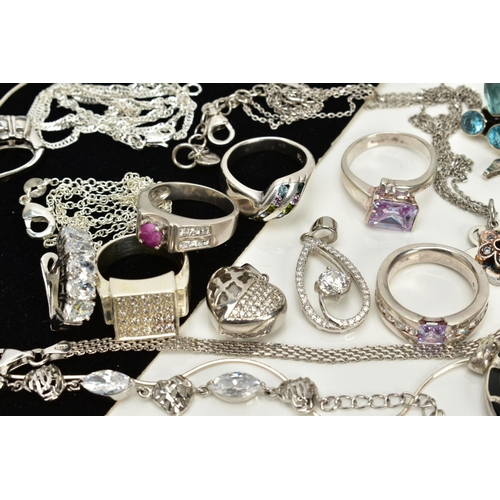 21 - A COLLECTION OF WHITE METAL ASSORTED JEWELLERY ITEMS, to include six gemset rings, cubic zirconia, g... 