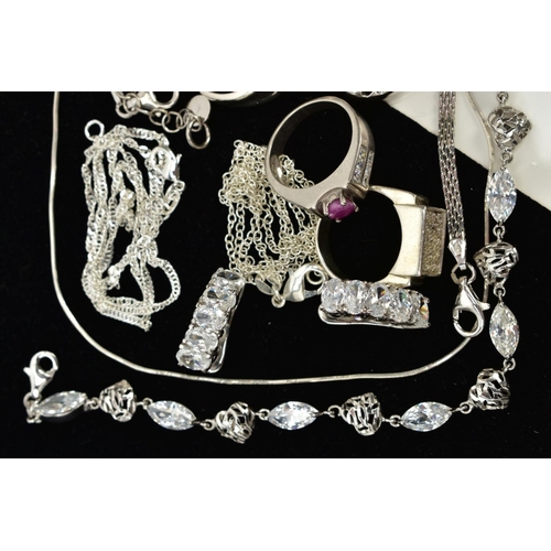 21 - A COLLECTION OF WHITE METAL ASSORTED JEWELLERY ITEMS, to include six gemset rings, cubic zirconia, g... 