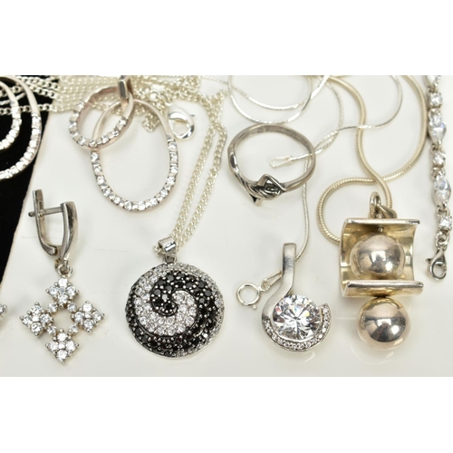 22 - A COLLECTION OF WHITE METAL ASSORTED JEWELLERY ITEMS, to include cubic zirconia pendants, a cubic zi... 