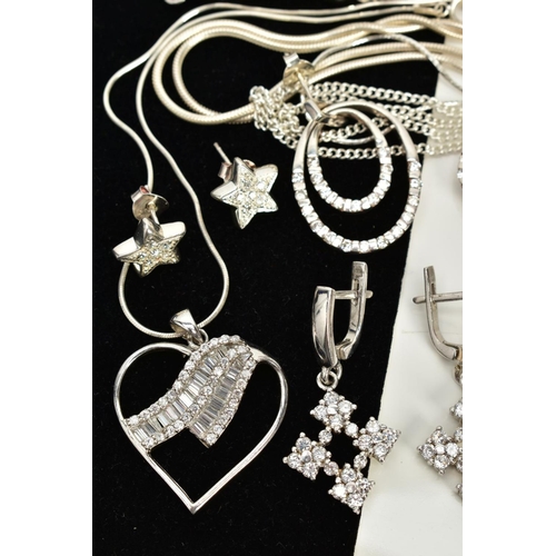 22 - A COLLECTION OF WHITE METAL ASSORTED JEWELLERY ITEMS, to include cubic zirconia pendants, a cubic zi... 