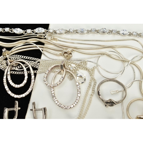 22 - A COLLECTION OF WHITE METAL ASSORTED JEWELLERY ITEMS, to include cubic zirconia pendants, a cubic zi... 