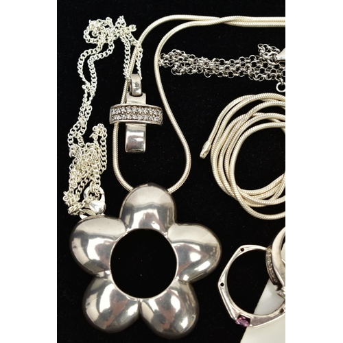 23 - A COLLECTION OF WHITE METAL ASSORTED JEWELLERY ITEMS, to include five gem set  and plain polished pe... 