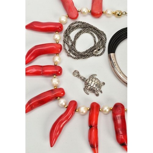 25 - THREE ITEMS OF JEWELLERY, to include a large dyed coral and fresh water cultured pearl necklace, a m... 