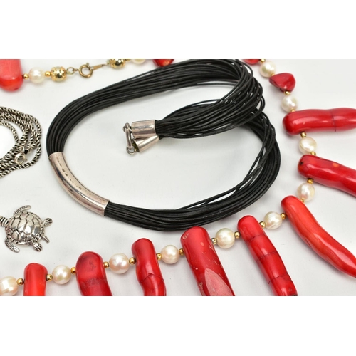 25 - THREE ITEMS OF JEWELLERY, to include a large dyed coral and fresh water cultured pearl necklace, a m... 