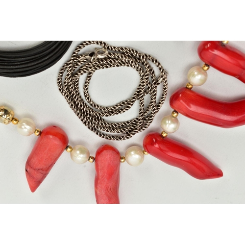 25 - THREE ITEMS OF JEWELLERY, to include a large dyed coral and fresh water cultured pearl necklace, a m... 