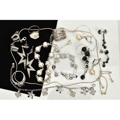 26 - A COLLECTION OF WHITE METAL ASSORTED JEWELLERY ITEMS, to include assorted cubic zirconia stud and dr... 