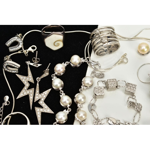 26 - A COLLECTION OF WHITE METAL ASSORTED JEWELLERY ITEMS, to include assorted cubic zirconia stud and dr... 