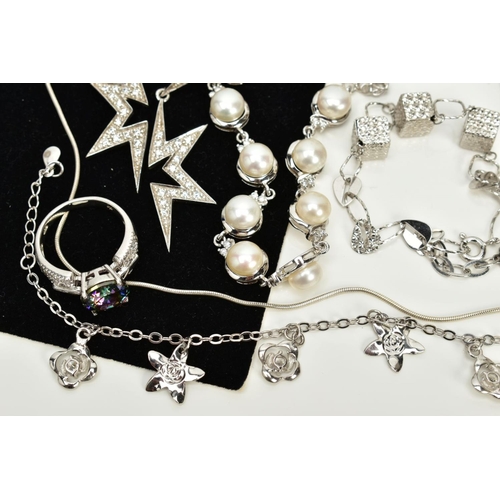 26 - A COLLECTION OF WHITE METAL ASSORTED JEWELLERY ITEMS, to include assorted cubic zirconia stud and dr... 