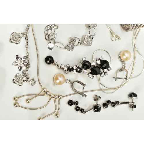 26 - A COLLECTION OF WHITE METAL ASSORTED JEWELLERY ITEMS, to include assorted cubic zirconia stud and dr... 