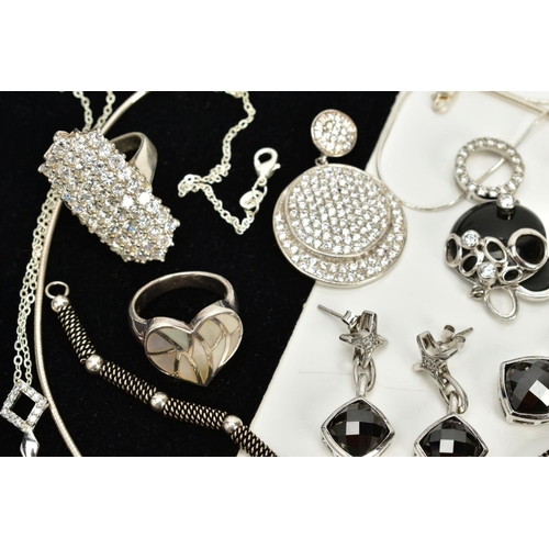 27 - A COLLECTION OF WHITE METAL ASSORTED JEWELLERY ITEMS, to include a large cubic zirconia dress ring, ... 