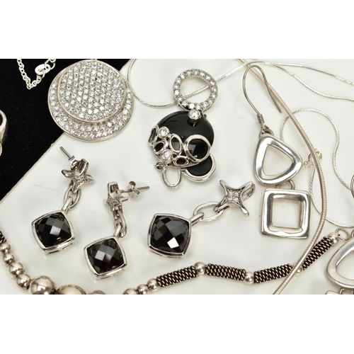 27 - A COLLECTION OF WHITE METAL ASSORTED JEWELLERY ITEMS, to include a large cubic zirconia dress ring, ... 