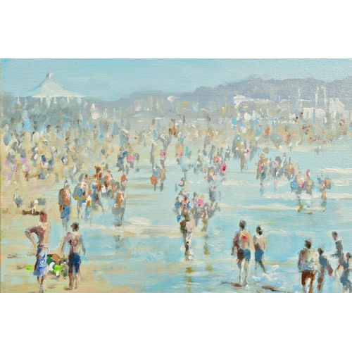 301 - HILARY BURNETT COOPER (BRITISH CONTEMPORARY), 'Beach Diversions', a crowded beach on a hazy day, sig... 