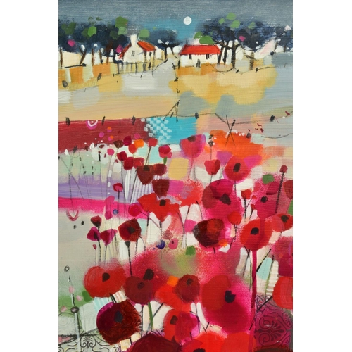 305 - EMMA S DAVIS (SCOTTISH 1975) 'Red Roofs' a field of wild flowers, cottages to the distance, signed l... 