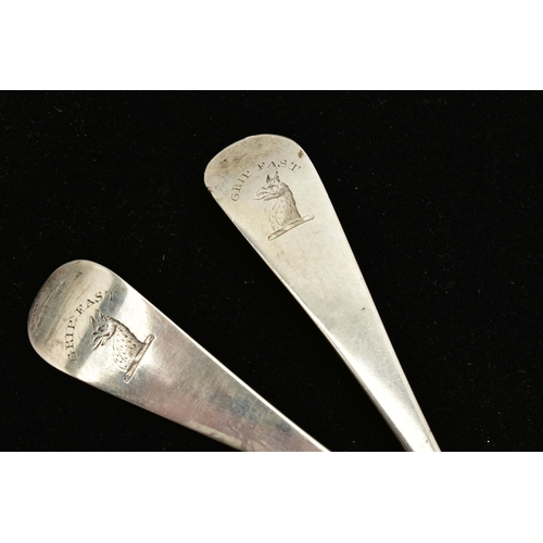 31 - TWO SILVER TABLESPOONS, each of a plain polished design, engraved 'Grip Fast' with an engraved griff... 