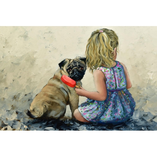 315 - KEITH PROCTOR (BRITISH 1961) - 'Lollipop', a young girl and her pug dog, signed bottom left, oil on ... 