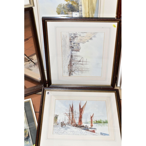 336 - MARITIME INTEREST WATERCOLOURS ETC, comprising three Peter Knox watercolours 'Brig Moored in the Lee... 