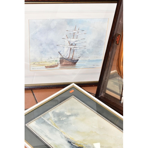 336 - MARITIME INTEREST WATERCOLOURS ETC, comprising three Peter Knox watercolours 'Brig Moored in the Lee... 