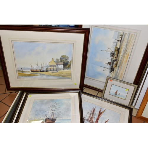 336 - MARITIME INTEREST WATERCOLOURS ETC, comprising three Peter Knox watercolours 'Brig Moored in the Lee... 