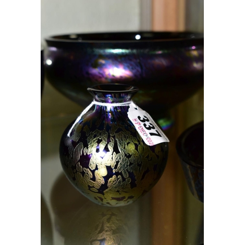 337 - A ROYAL BRIERLEY STUDIO IRIDESCENT PURPLE VASE, of squat baluster form, etched mark to base, height ... 