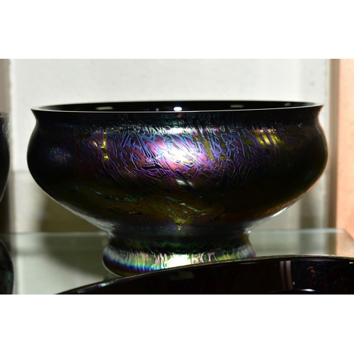 337 - A ROYAL BRIERLEY STUDIO IRIDESCENT PURPLE VASE, of squat baluster form, etched mark to base, height ... 