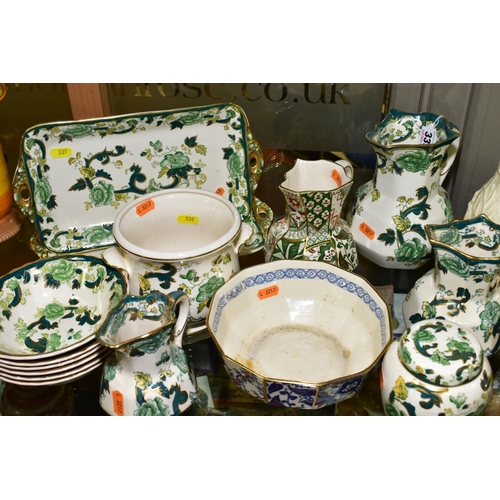 339 - A COLLECTION OF MASONS IRONSTONE CHARTREUSE PATTERN ITEMS, including a set of six 22cm plates, a set... 