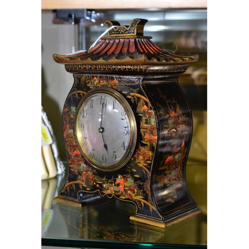 346 - AN EARLY 20TH CENTURY PAGODA SHAPED LACQUERED CHINOISERIE MANTEL TIMEPIECE, the case decorated with ... 