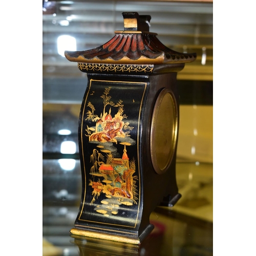 346 - AN EARLY 20TH CENTURY PAGODA SHAPED LACQUERED CHINOISERIE MANTEL TIMEPIECE, the case decorated with ... 