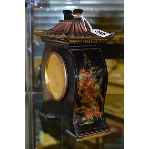 346 - AN EARLY 20TH CENTURY PAGODA SHAPED LACQUERED CHINOISERIE MANTEL TIMEPIECE, the case decorated with ... 