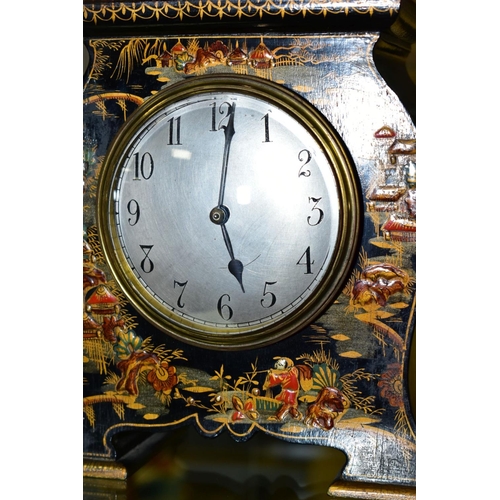 346 - AN EARLY 20TH CENTURY PAGODA SHAPED LACQUERED CHINOISERIE MANTEL TIMEPIECE, the case decorated with ... 