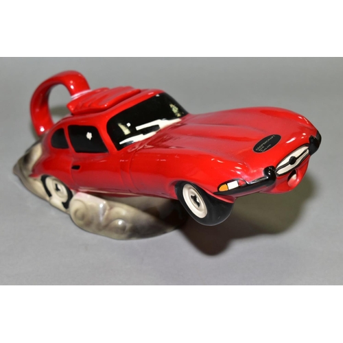 349 - A COOPERCRAFT RED E-TYPE JAGUAR COLLECTOR'S TEA POT, moulded with the front end lifted off the groun... 