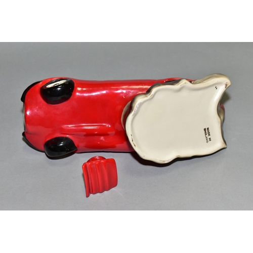 349 - A COOPERCRAFT RED E-TYPE JAGUAR COLLECTOR'S TEA POT, moulded with the front end lifted off the groun... 