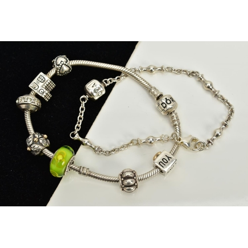 35 - A PANDORA CHARM BRACELET WITH CHARMS AND ONE OTHER, the snake chain bracelet fitted with seven charm... 