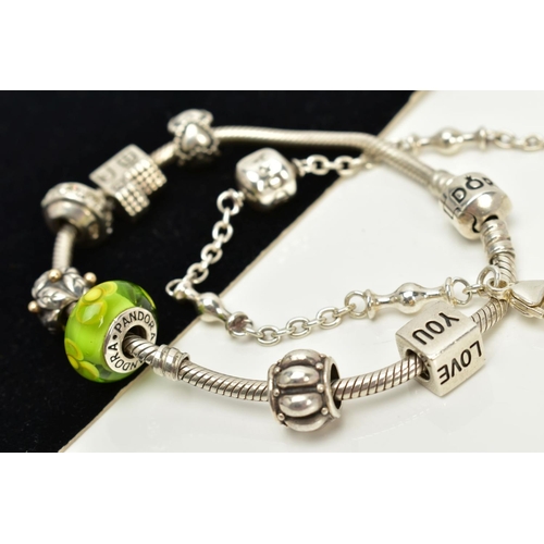 35 - A PANDORA CHARM BRACELET WITH CHARMS AND ONE OTHER, the snake chain bracelet fitted with seven charm... 