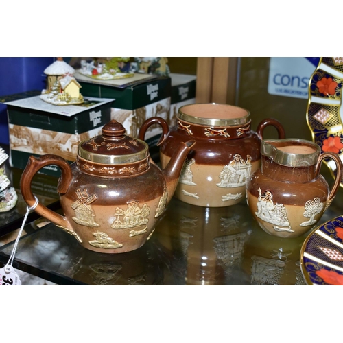 356 - DOULTON LAMBETH STONEWARE TEAPOT, Hunting and tavern scene, silver rimmed, impressed 1702 and backst... 