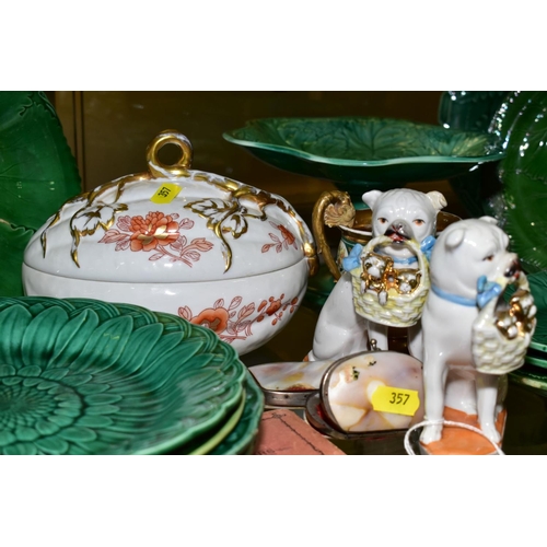 357 - A GROUP OF CERAMICS ETC, to include various Wedgwood leaf design plates and tazza, a pair of German ... 