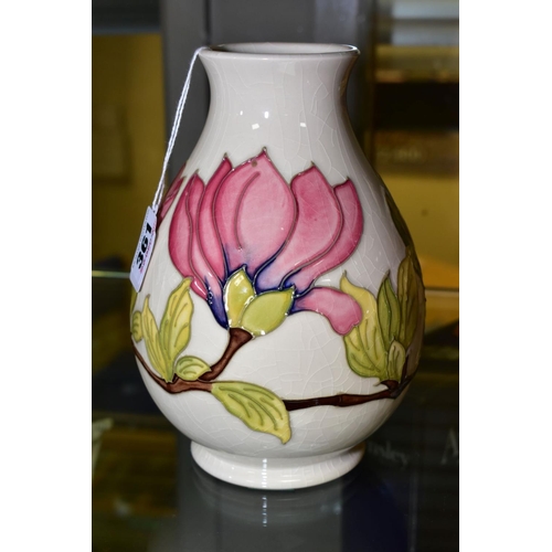 361 - A MOORCROFT POTTERY VASE, 'Magnolia' pattern on white ground, impressed backstamp and WM to base, he... 