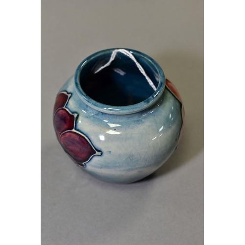 365 - A SMALL MOORCROFT POTTERY VASE, 'Anemone' pattern on light blue ground, impressed back stamp height ... 