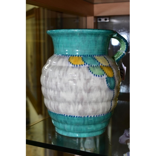 371 - A CROWN DUCAL JUG, stitch pattern in greens and yellows on a grey ground, approximate height 22cm (s... 