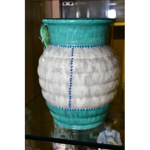 371 - A CROWN DUCAL JUG, stitch pattern in greens and yellows on a grey ground, approximate height 22cm (s... 