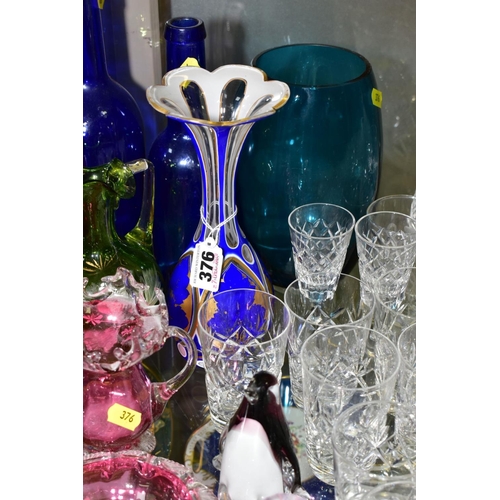 376 - A GROUP OF COLOURED AND CUT GLASSWARES, to include blue and white cased vase, cut to clear, height 2... 