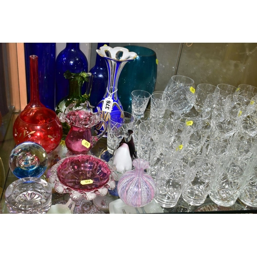 376 - A GROUP OF COLOURED AND CUT GLASSWARES, to include blue and white cased vase, cut to clear, height 2... 