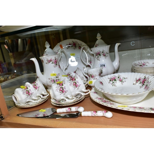 378 - ROYAL ALBERT 'LAVENDER ROSE' TEA/DINNER WARES, comprising two coffee pots, cream jug (broken base), ... 