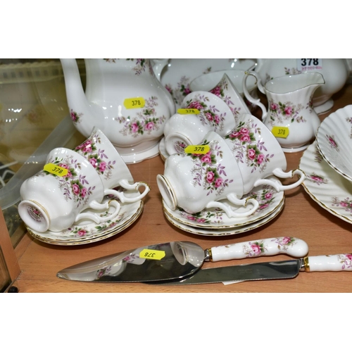 378 - ROYAL ALBERT 'LAVENDER ROSE' TEA/DINNER WARES, comprising two coffee pots, cream jug (broken base), ... 